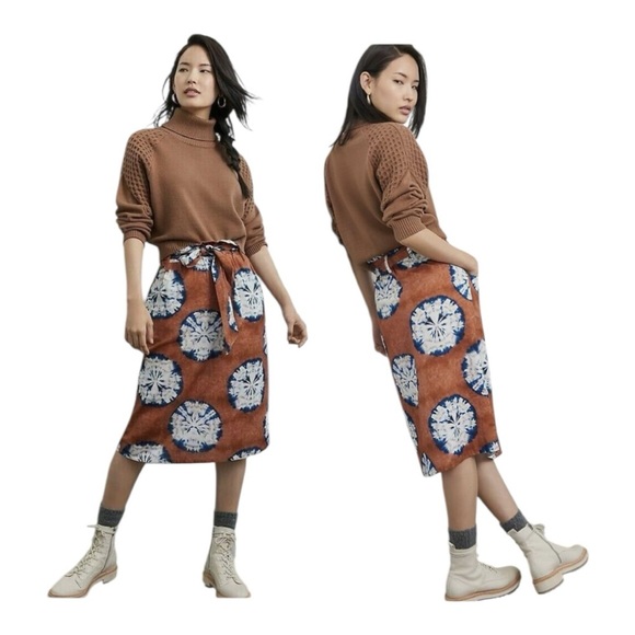 Anthropologie Lanai Midi Skirt Cotton Linen Blend Indian Block Print Size Small - Picture 1 of 6